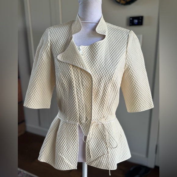 Vera Wang Structured Jacket 3/4 Sleeve Front Zip Cotton Wool Silk Ecru Like New - Picture 6 of 15